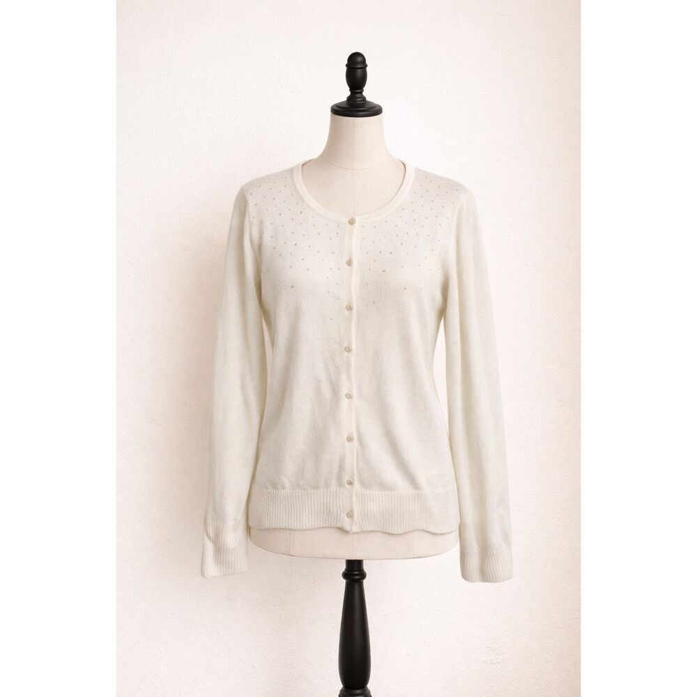 Christopher & Banks Off-White Button-Front Cardigan Sweater | Rhinestone Detail